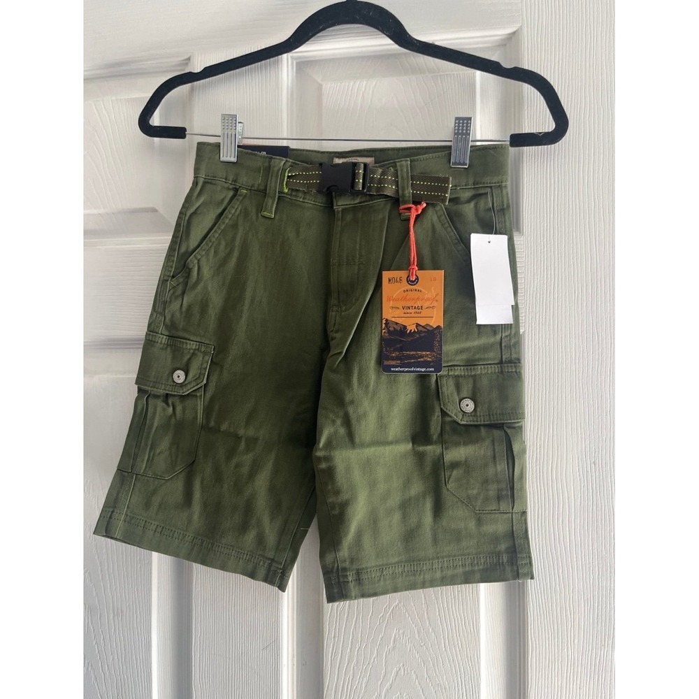 Weatherproof Vintage Boys Cargo Shorts Olive Green Belted Stretch Size 10 NWT